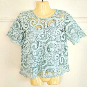 Nanette Lepore Mint Green Lace Blouse Top Tie Back Small S Short Sleeve Eyelet